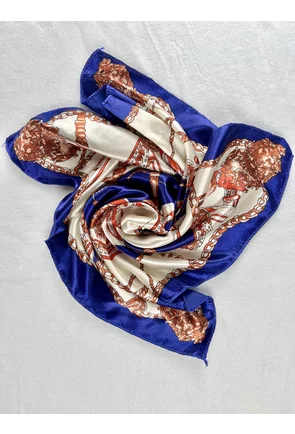 Esarfa patrata satinata cu print abstract indigo-bej