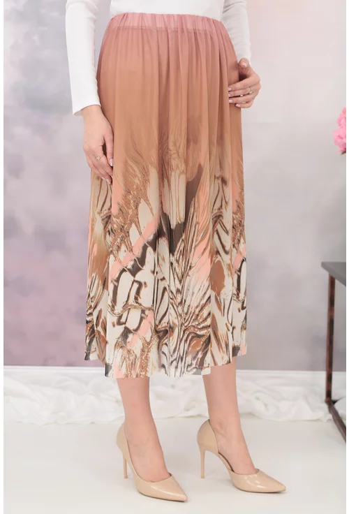 Fusta din tulle cafeniu cu imprimeu abstract bej