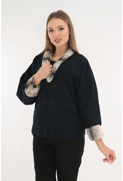 Jacheta din lana bleumarin cu blanita gri