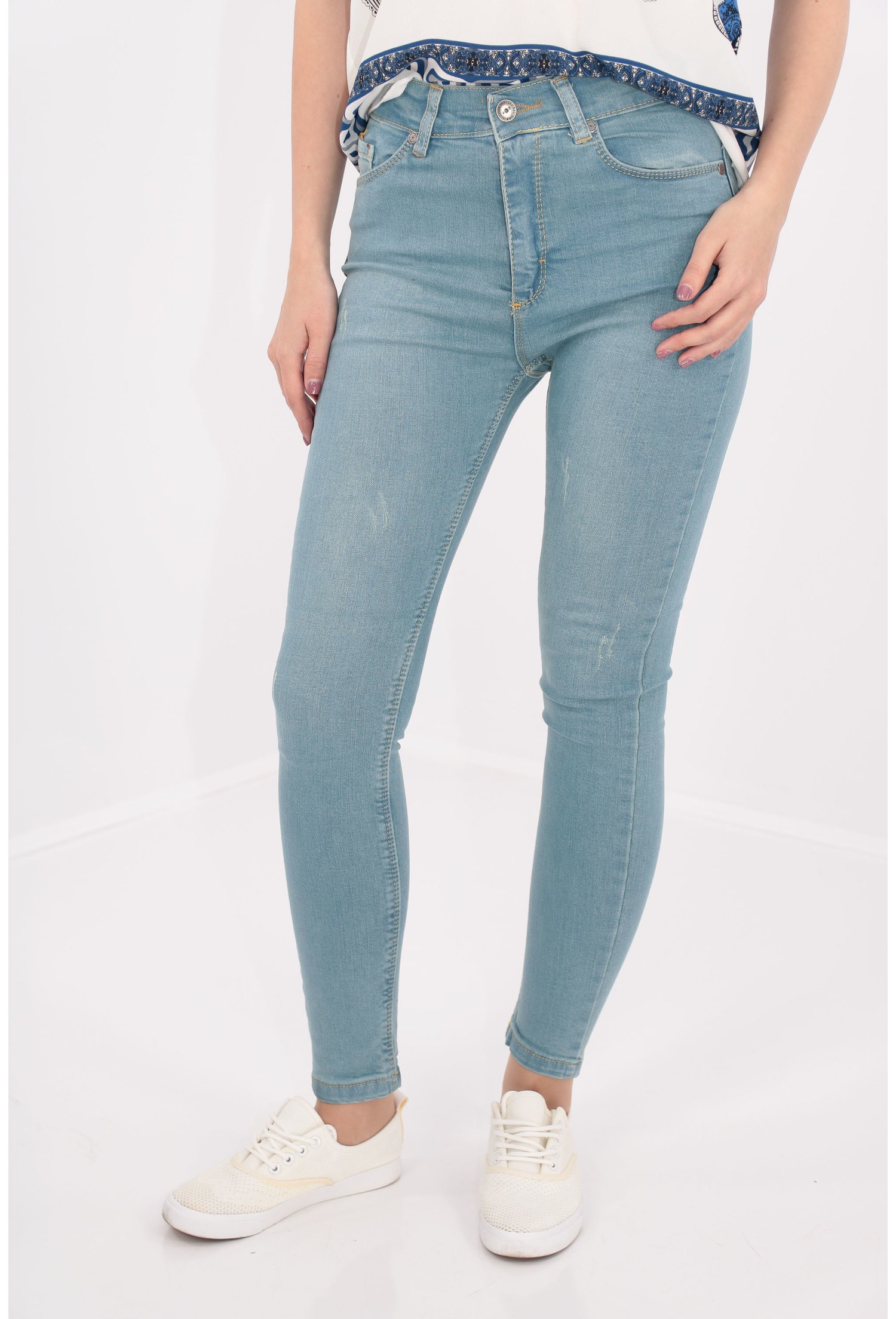 Jeans bleu skinny fit cu talie inalta