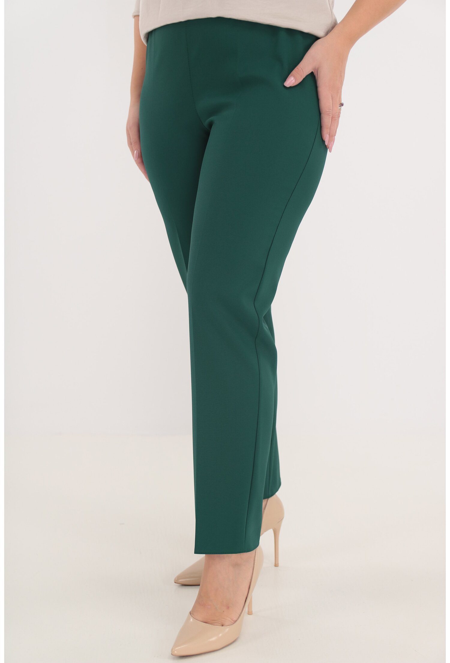 Pantaloni clasici lungi din stofa verde-smarald cu elastic in talie