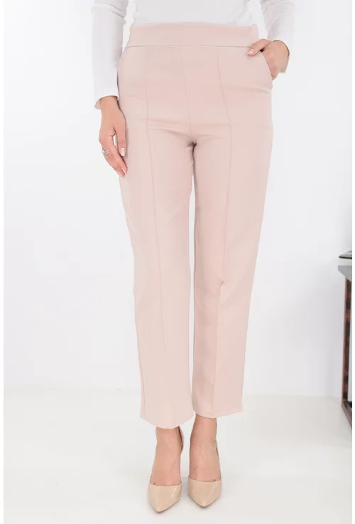 Pantaloni office bej din stofa elastica