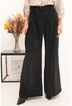 Pantaloni palazzo negri din catifea reiata