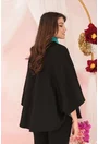 Poncho din stofa neagra din lana cu insertii din stofa turcoaz