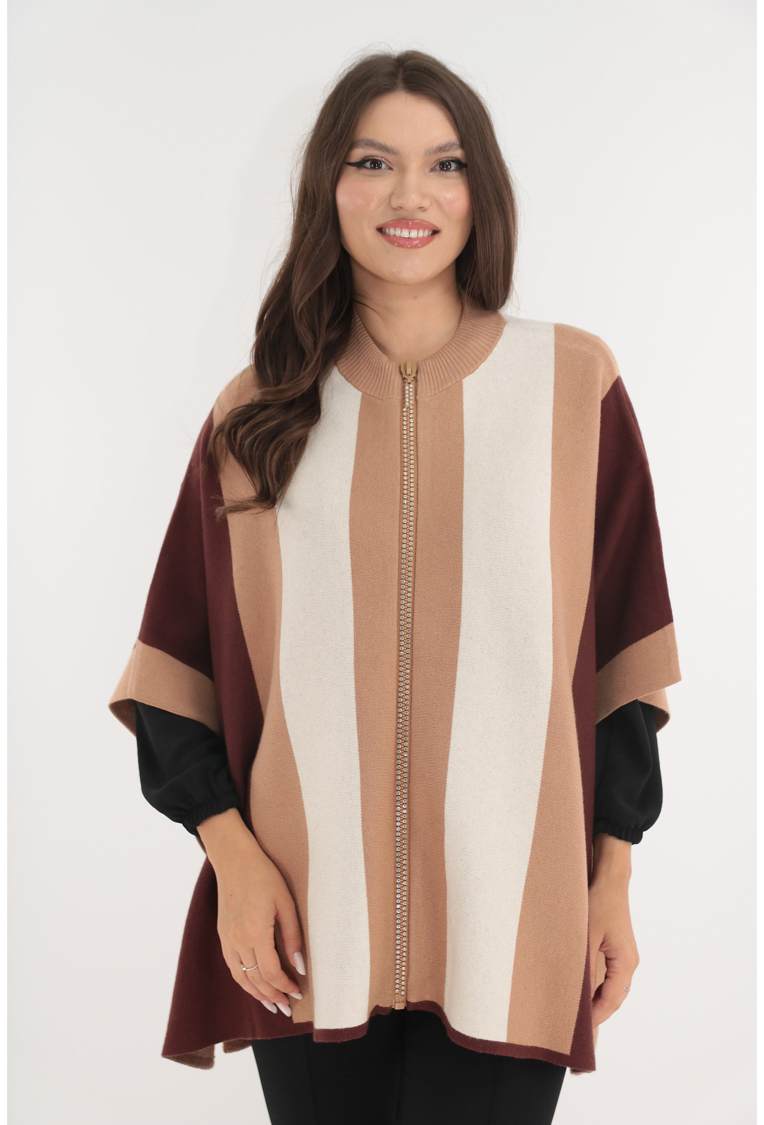 Poncho elegant maro-bej cu continut de casmir