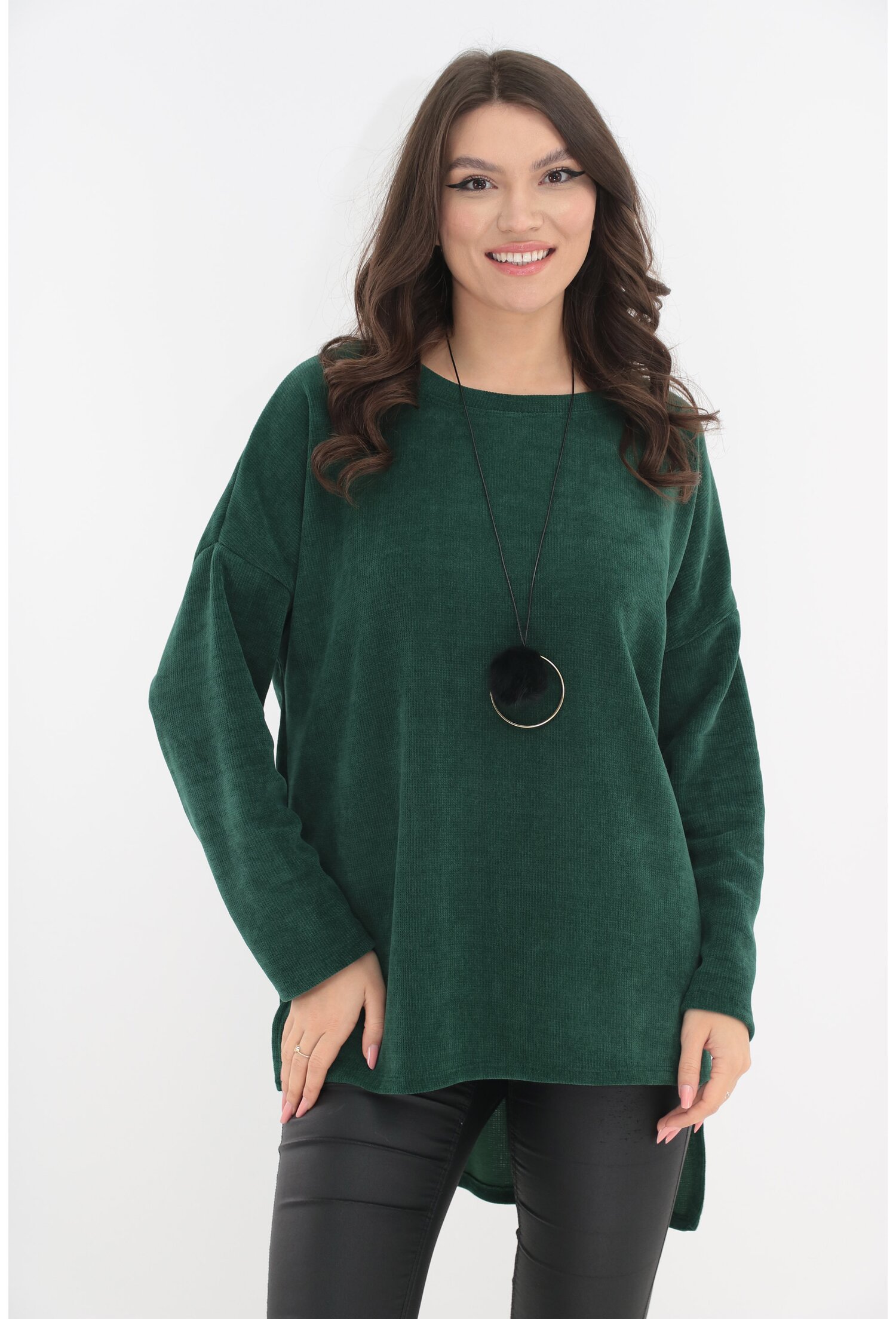 Pulover lung verde cu lantisor