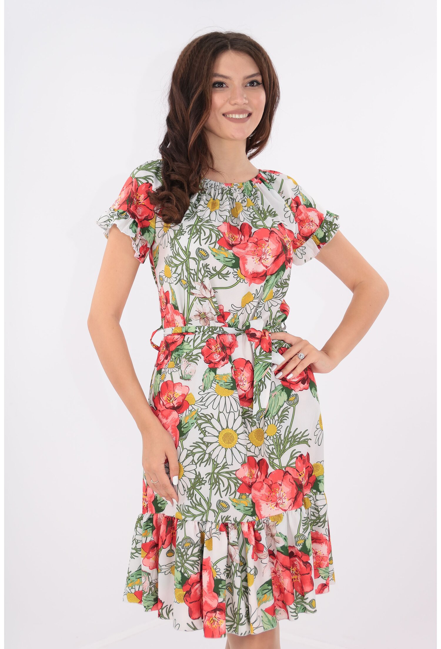 Rochie alba cu cordon in talie si maci