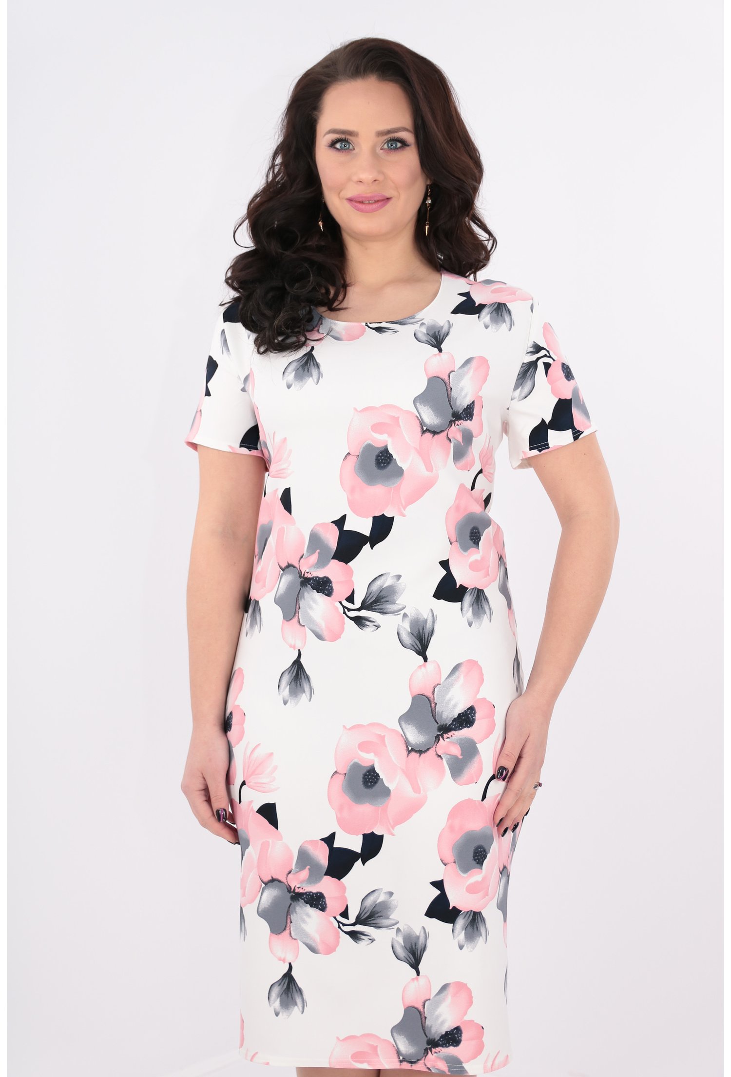 Rochie alba cu flori maxi roz