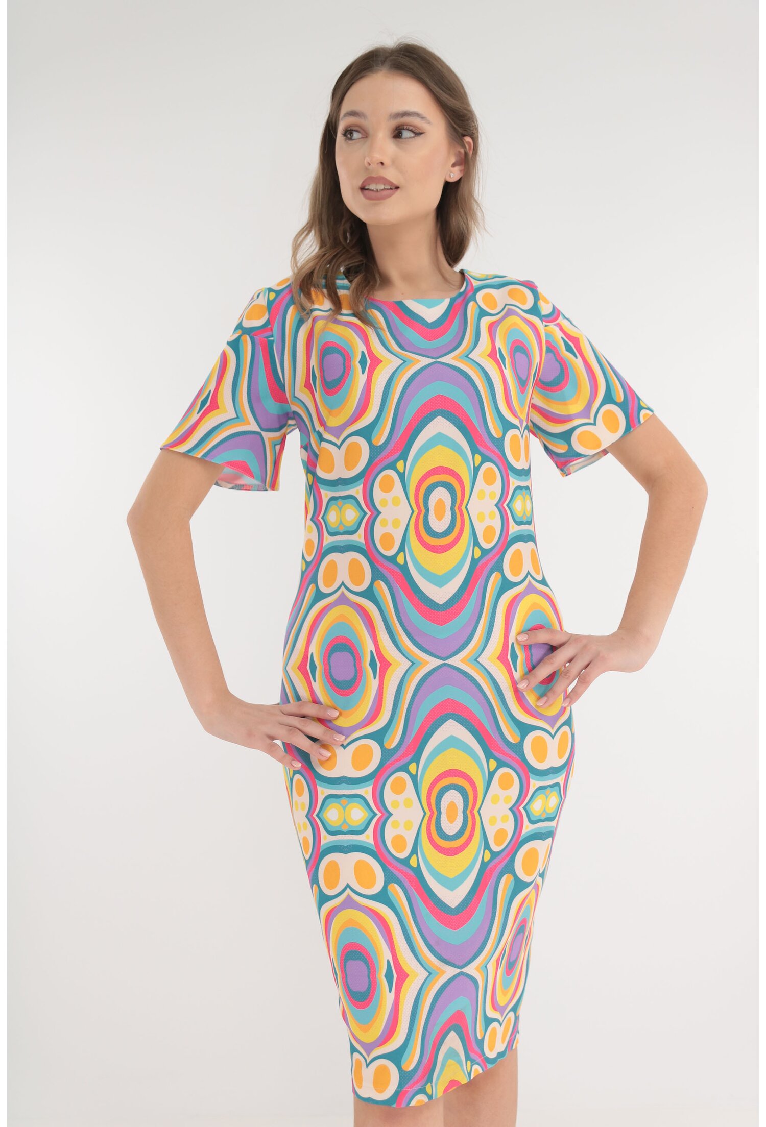 Rochie alba cu imprimeu multicolor