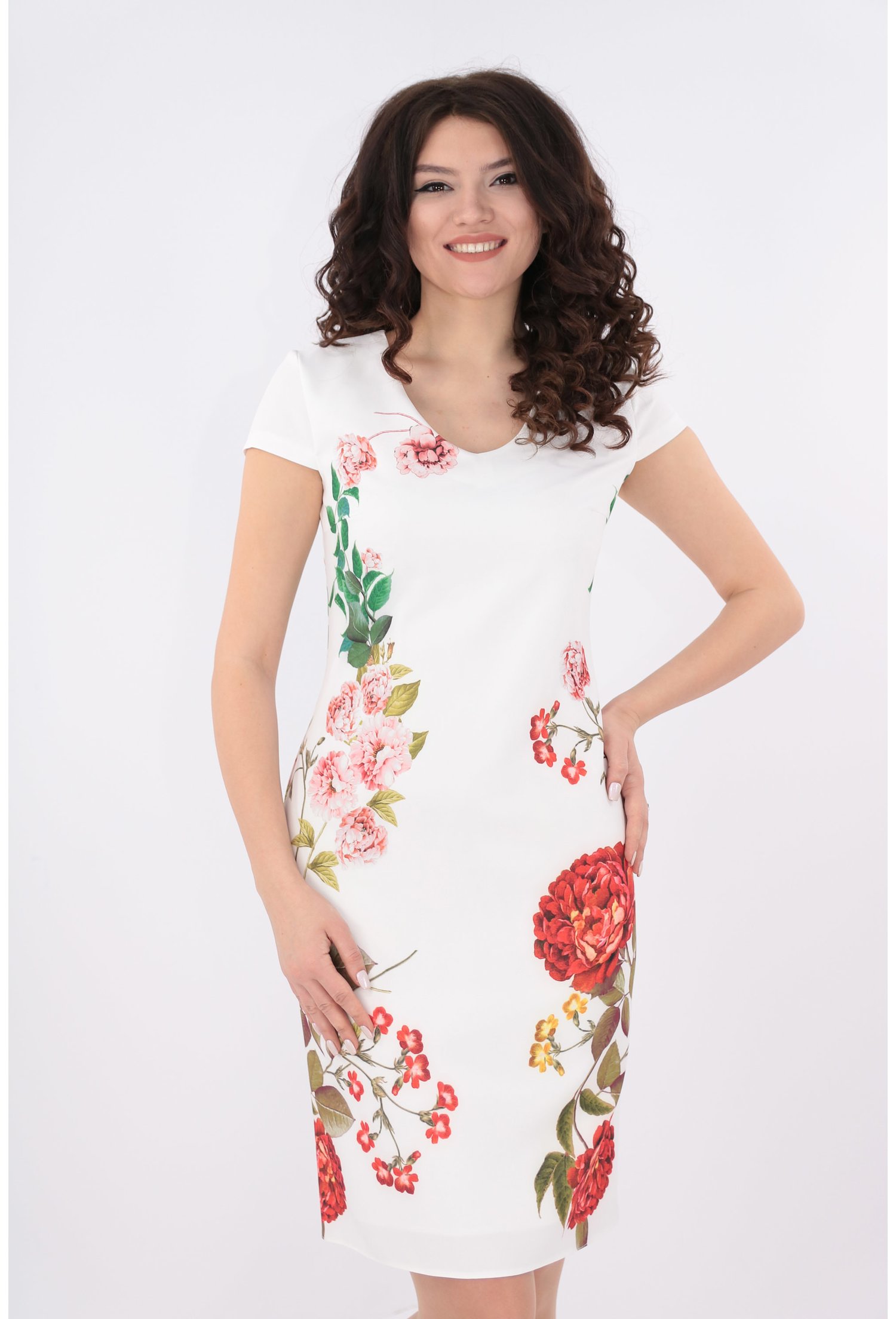 Rochie alba cu print floral multicolor