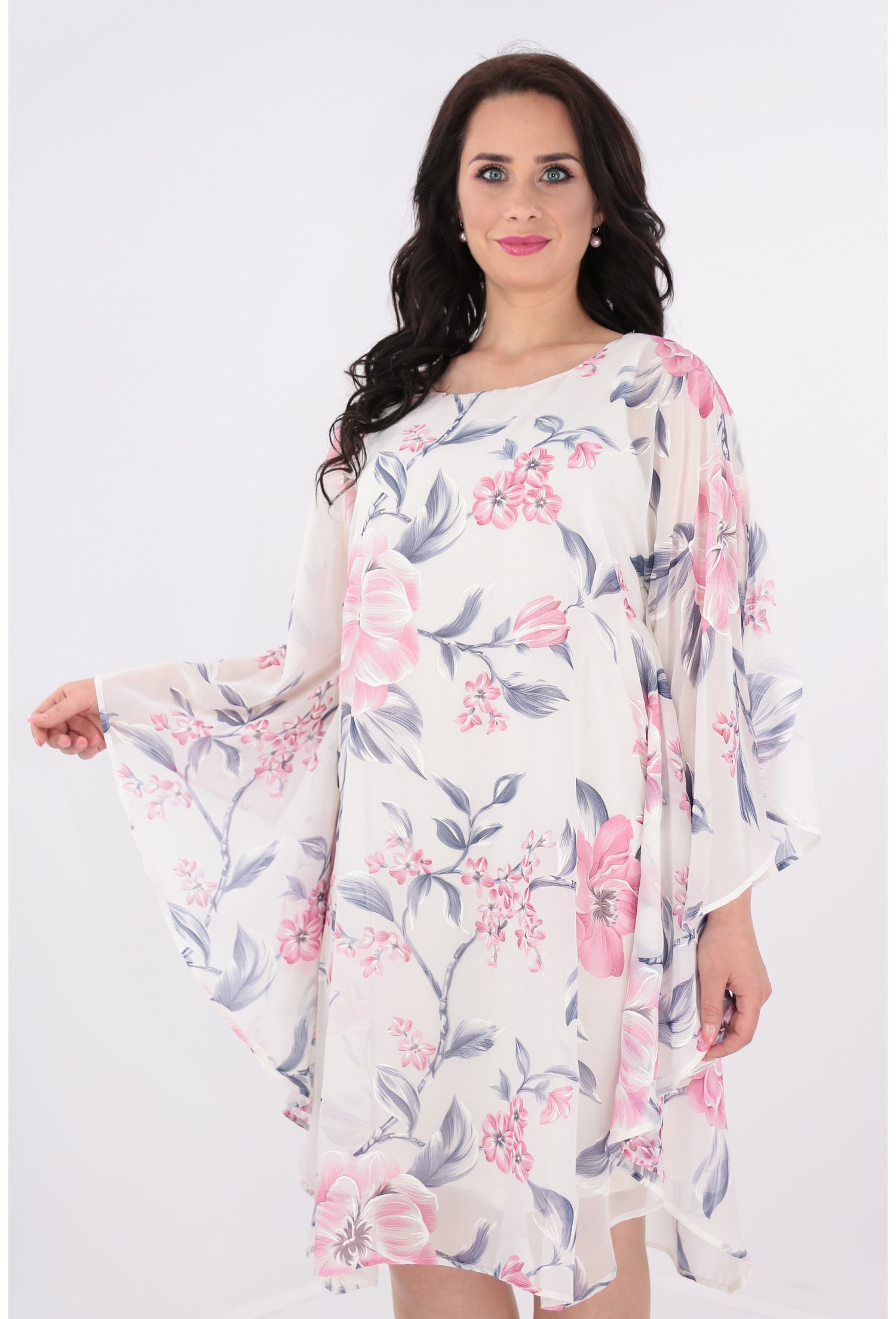 Rochie alba din voal cu print floral