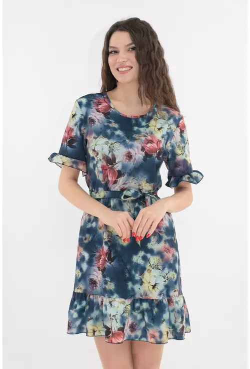 Rochie albastra cu imprimeu floral si cordon in talie