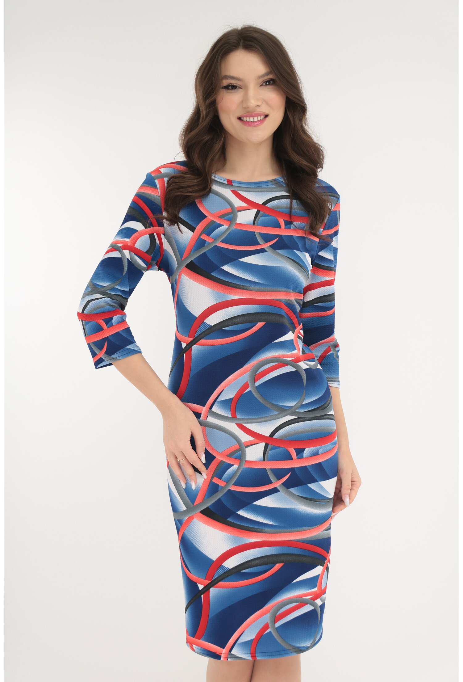 Rochie albastra cu print abstract rosu-gri