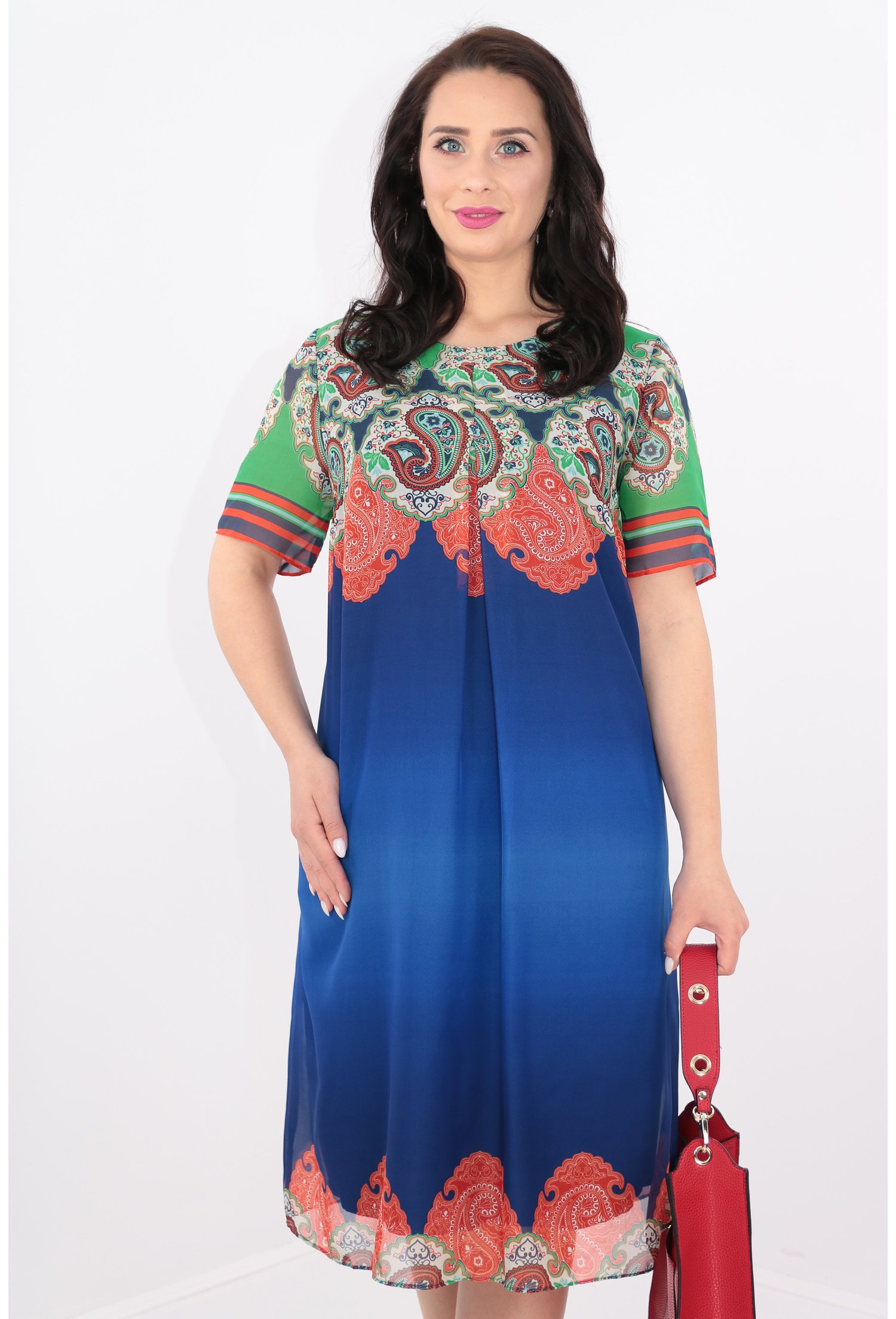 Rochie albastra din voal cu bordura multicolora
