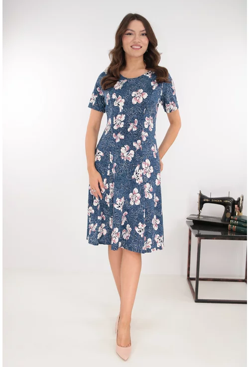 Rochie albastra in clini cu flori albe