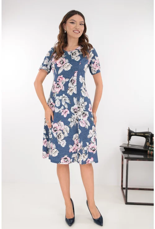Rochie albastra in clini cu flori maxi gri