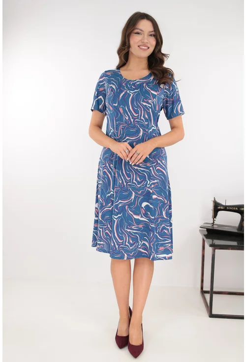 Rochie albastra in clini cu print abstract alb-mov