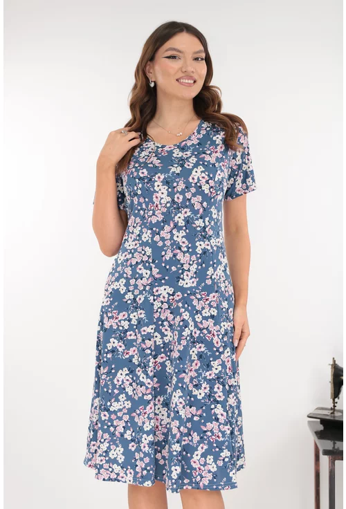 Rochie albastra in clini cu print floral roz-gri