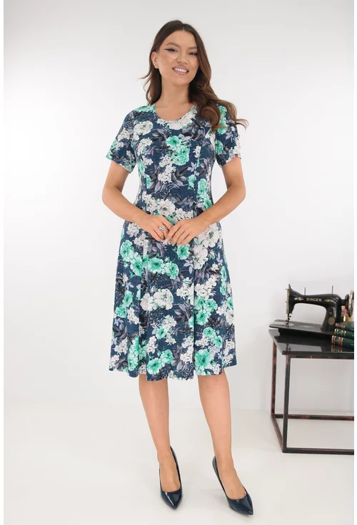 Rochie albastra in clini cu print floral vernil-gri