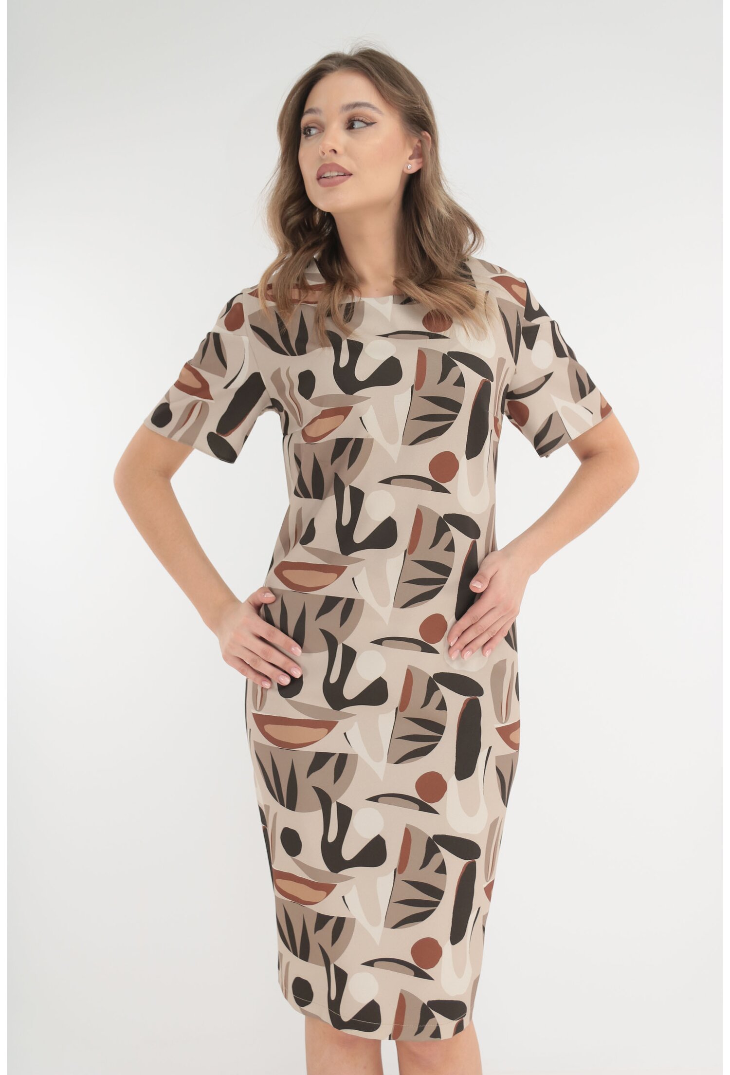 Rochie bej cu print abstract