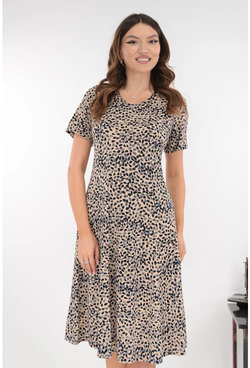 Rochie bej in clini cu print geometric bleumarin