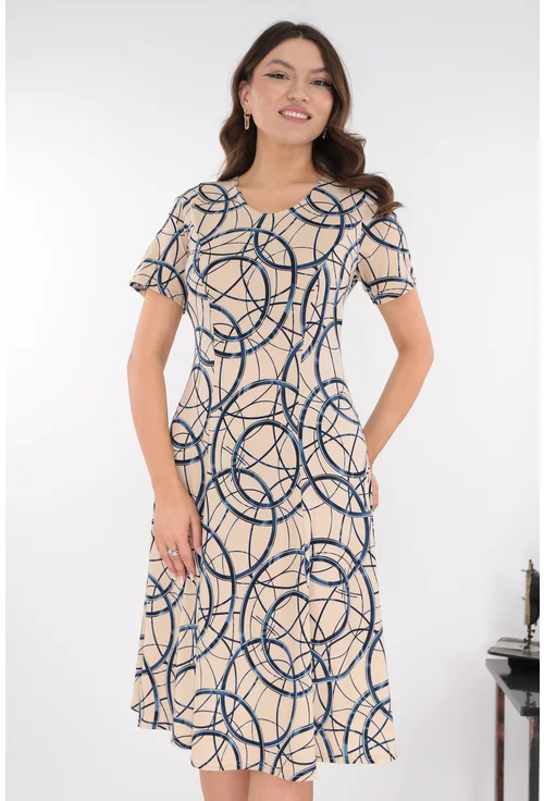 Rochie bej in clini cu print geometric bleumarin