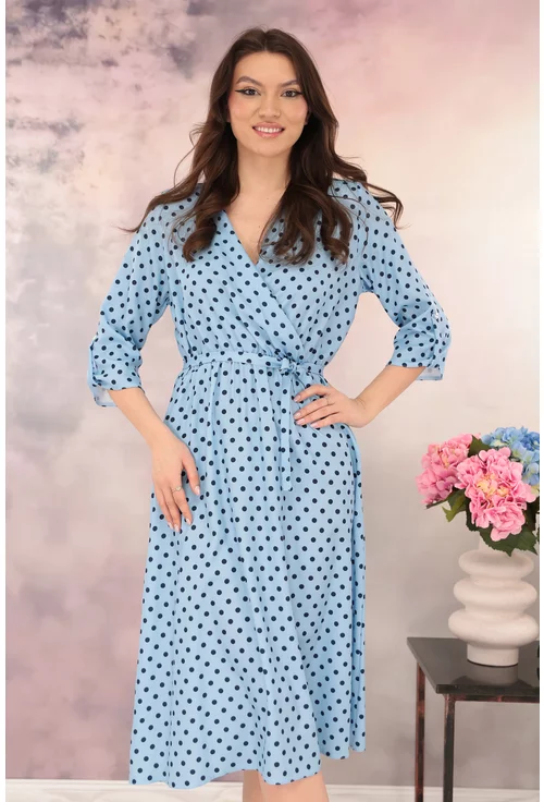 Rochie bleu cu buline si decolteu parte peste parte