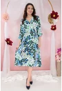 Rochie bleu cu print abstract negru-albastru si decolteu parte peste parte