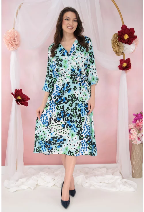 Rochie bleu cu print abstract negru-albastru si decolteu parte peste parte