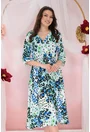 Rochie bleu cu print abstract negru-albastru si decolteu parte peste parte