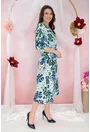 Rochie bleu cu print abstract negru-albastru si decolteu parte peste parte