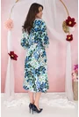 Rochie bleu cu print abstract negru-albastru si decolteu parte peste parte
