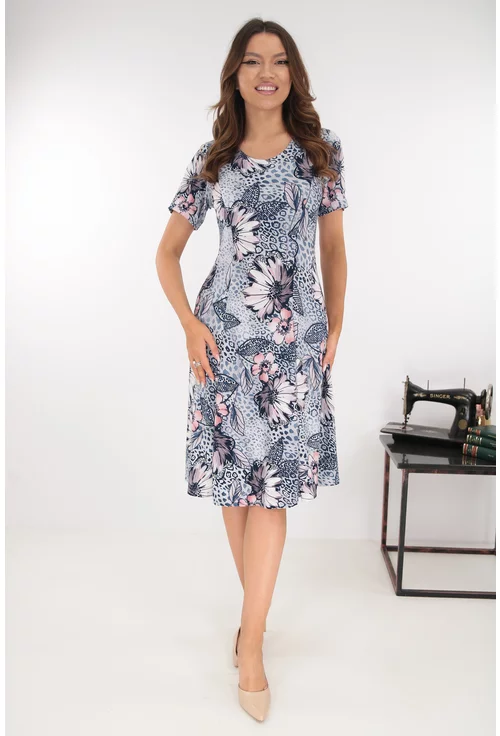 Rochie bleu in clini cu print floral gri
