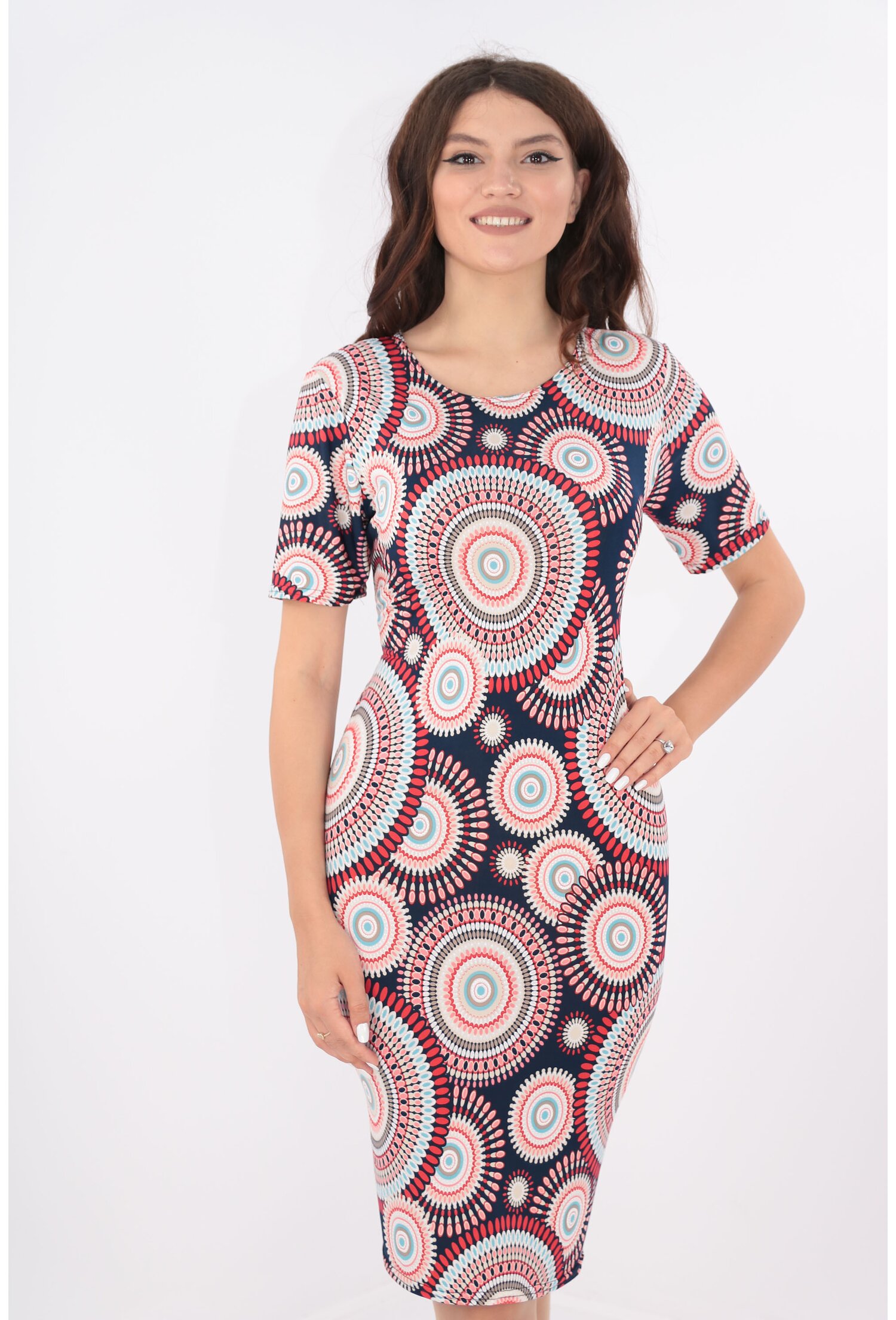 Rochie bleumarin cu cercuri multicolore