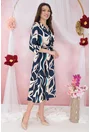 Rochie bleumarin cu print abstract bej si decolteu parte peste parte
