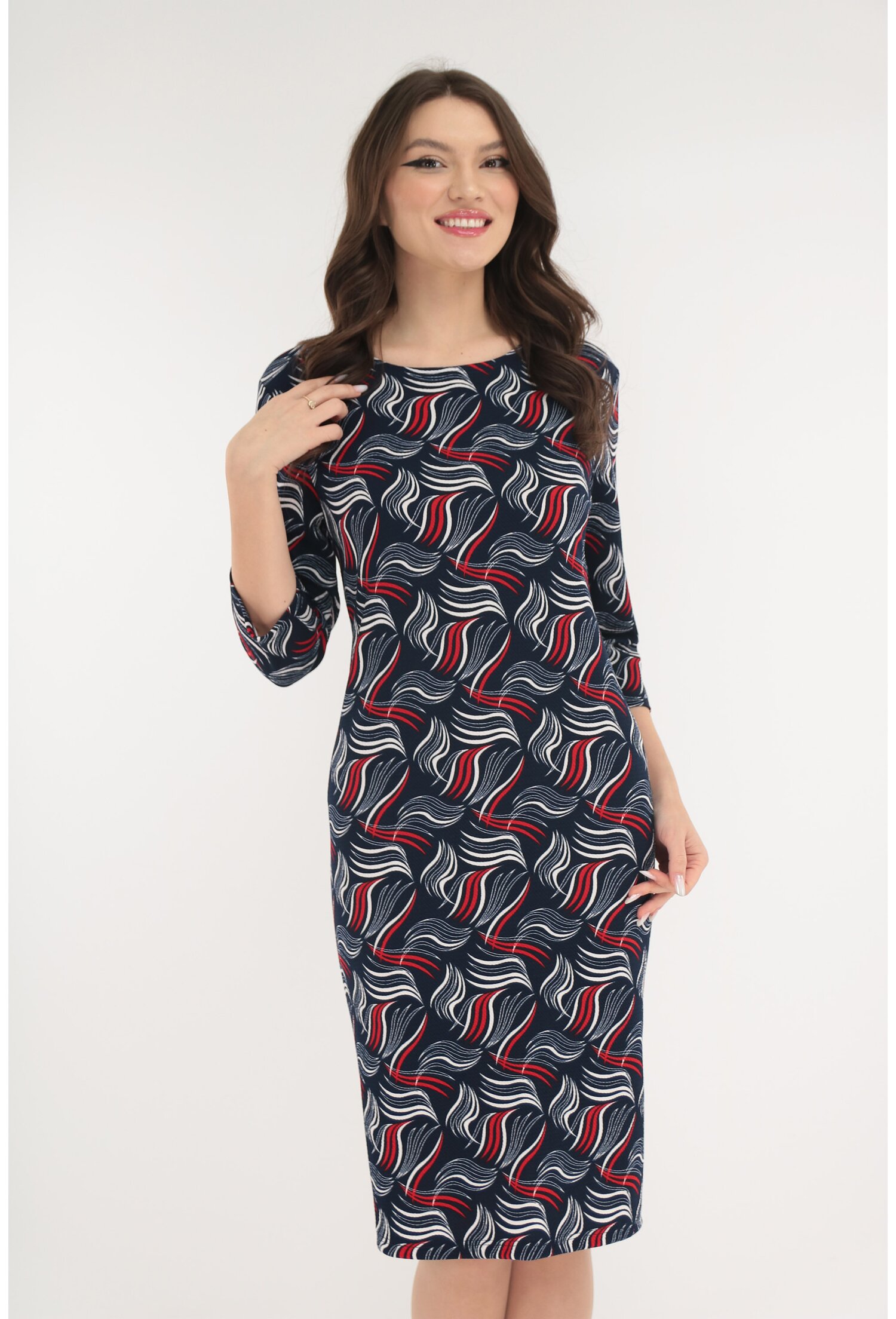 Poze Rochie bleumarin cu print abstract rosu-alb