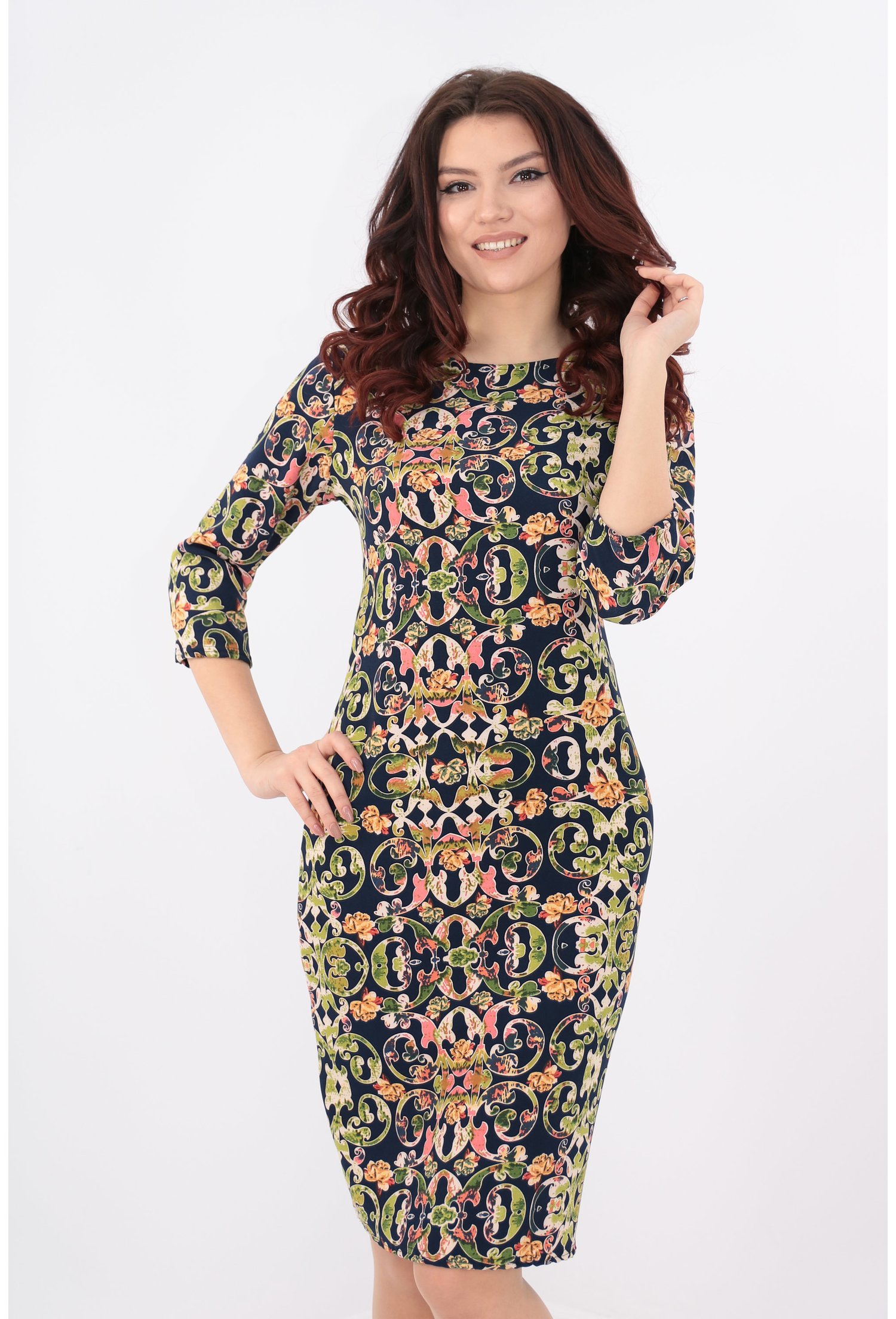 Rochie bleumarin cu print abstract verde