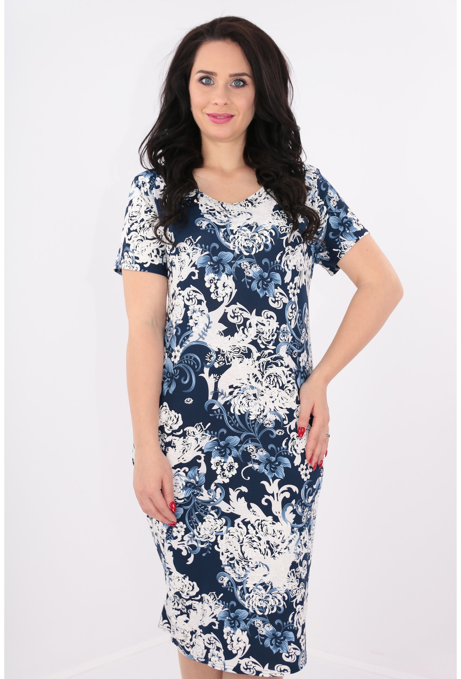 Rochie bleumarin cu print floral alb-albastru