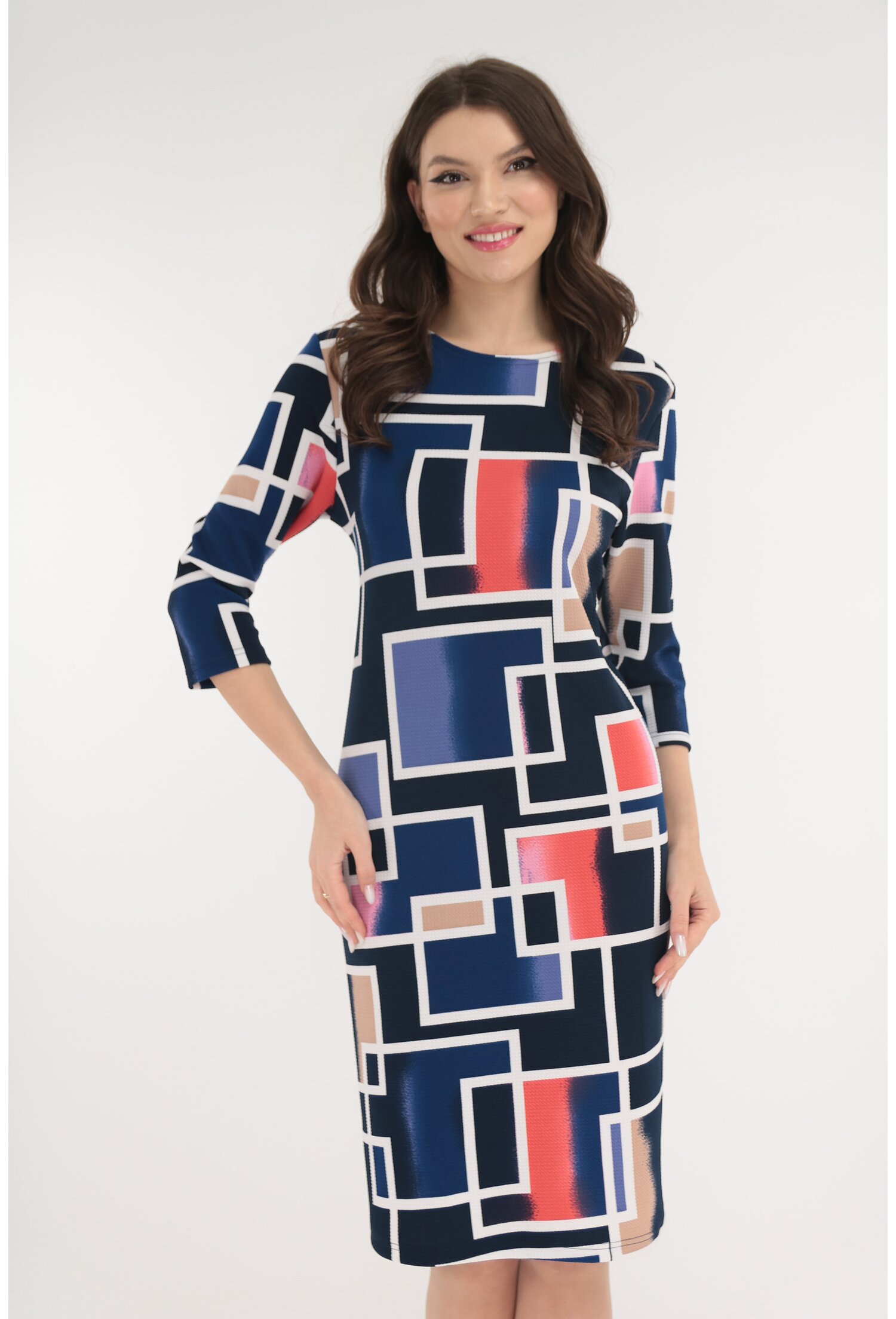 Poze Rochie bleumarin cu print geometric bej-corai