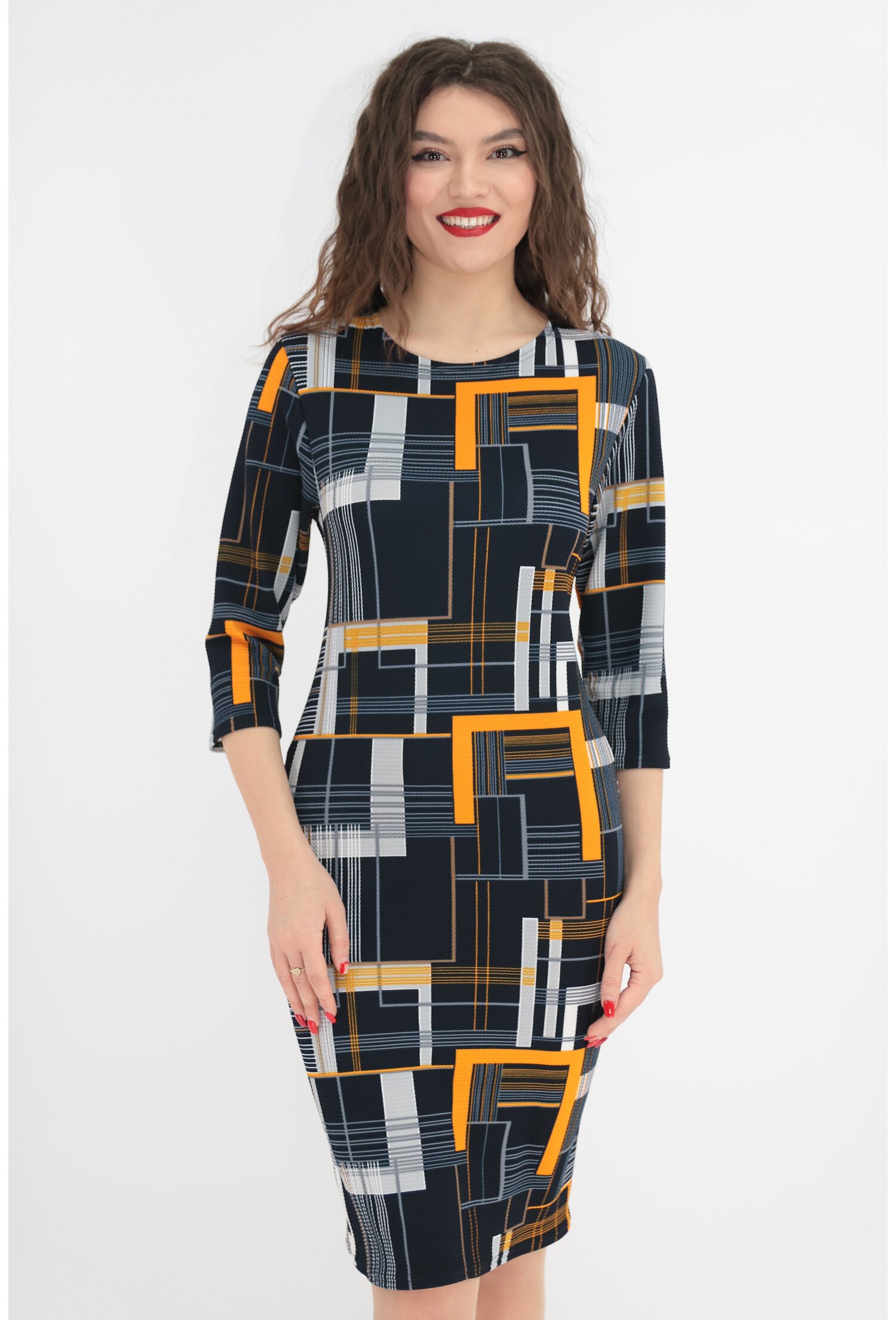 Rochie bleumarin cu print geometric mustar-alb