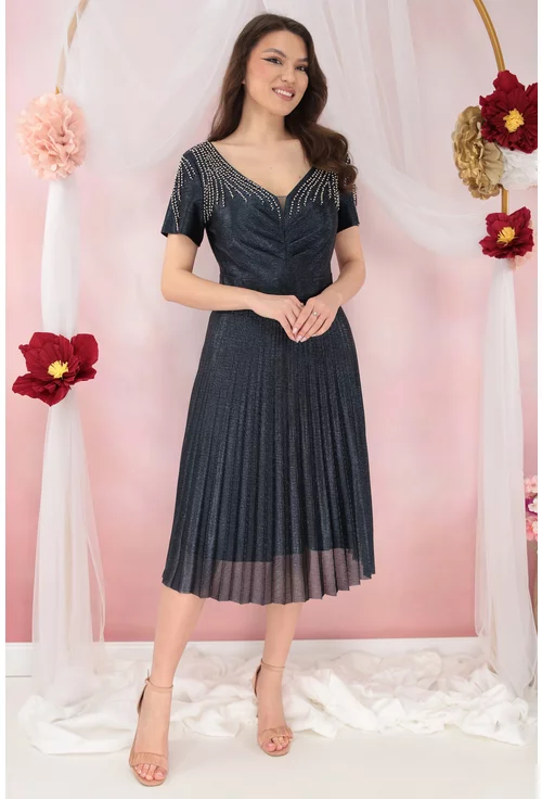 Rochie bleumarin de ocazie cu glitter si aplicatii argintii pe umeri