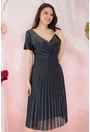 Rochie bleumarin de ocazie cu glitter si aplicatii argintii pe umeri