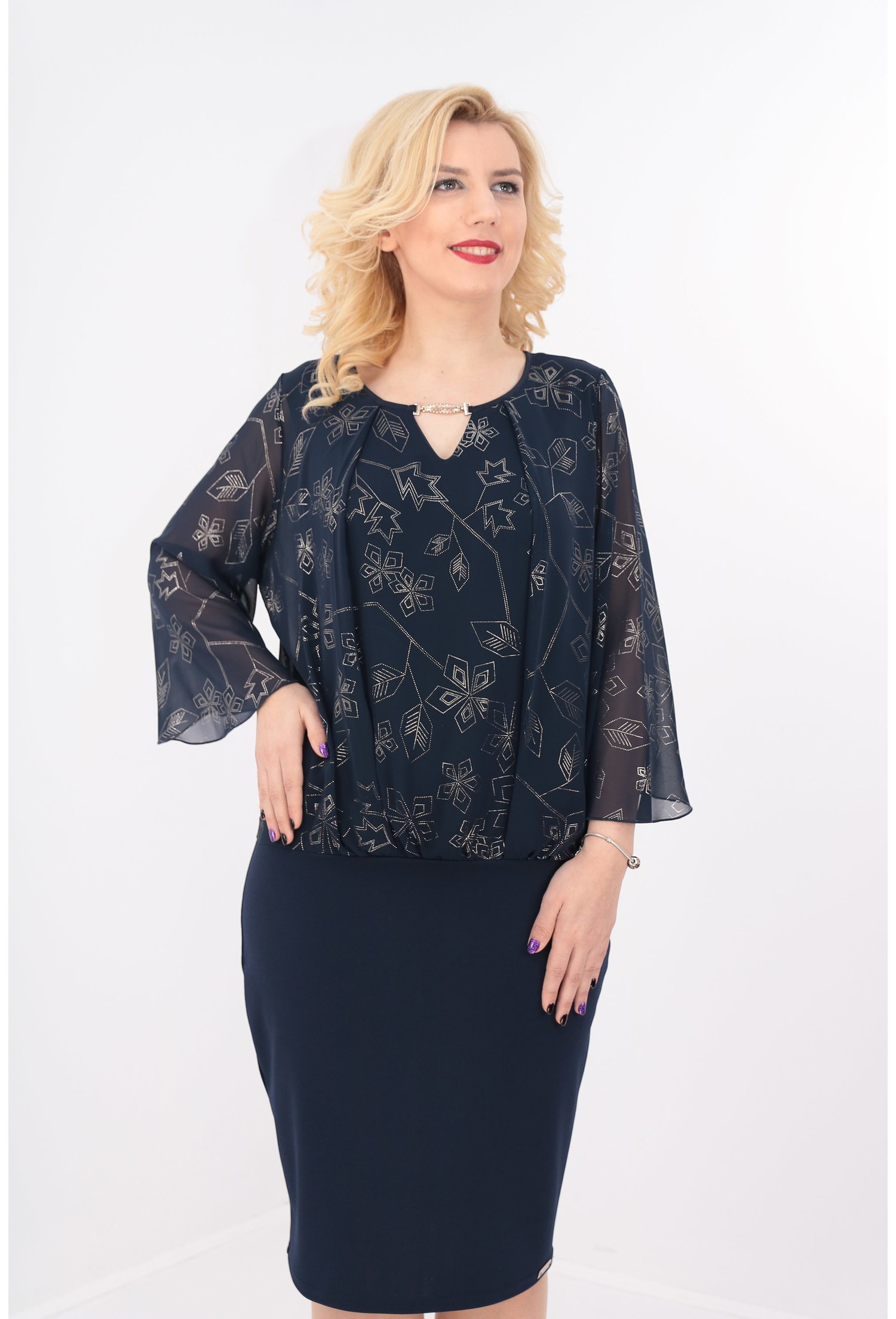 Rochie bleumarin din stofa si voal bleumarin