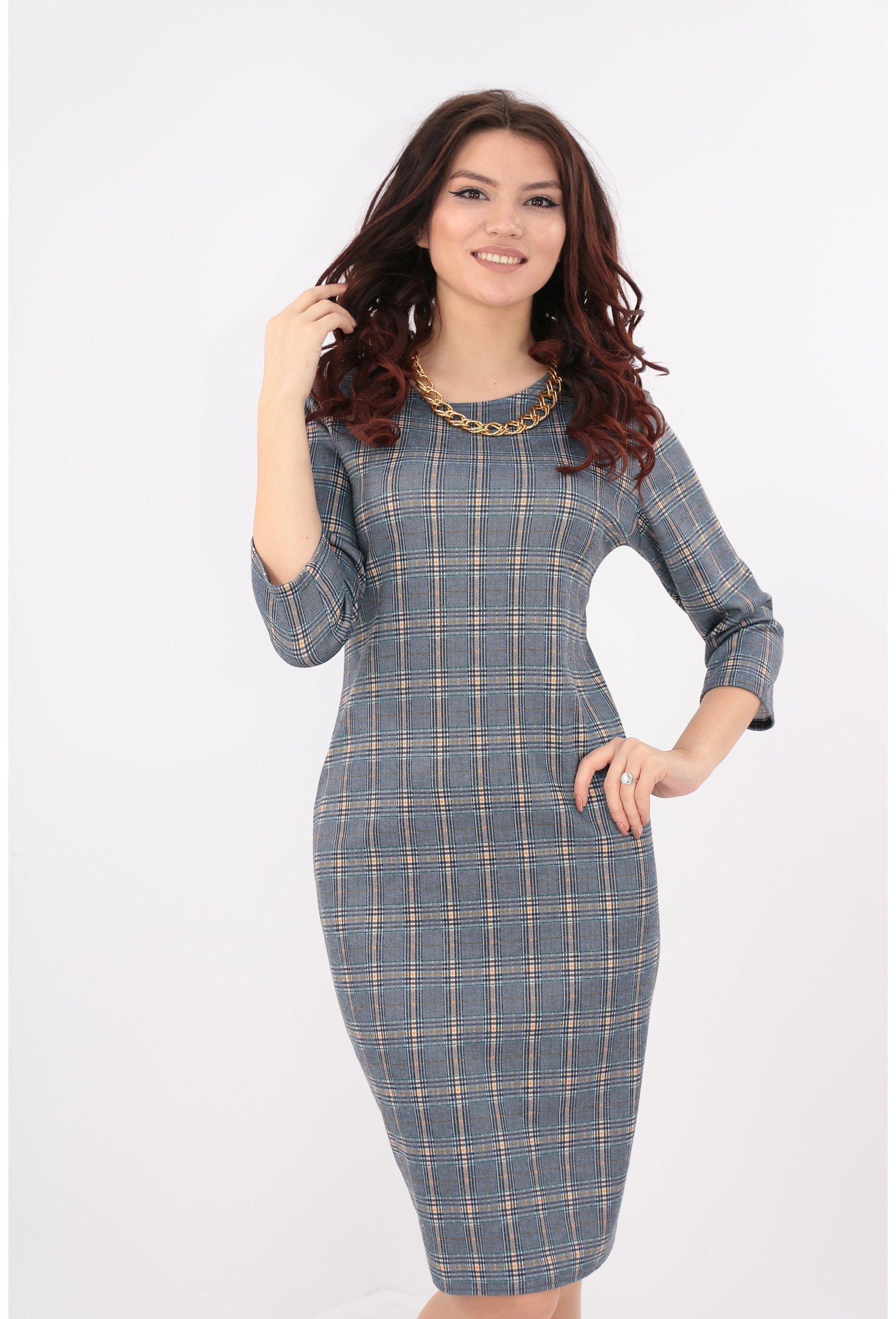 Rochie bleumarin in carouri fine mustar