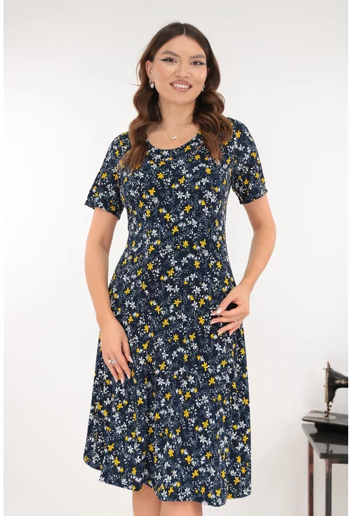 Rochie bleumarin in clini cu flori discrete albe si galbene