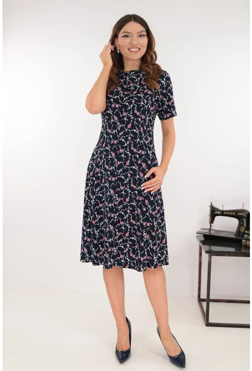 Rochie bleumarin in clini cu flori discrete albe si rosii