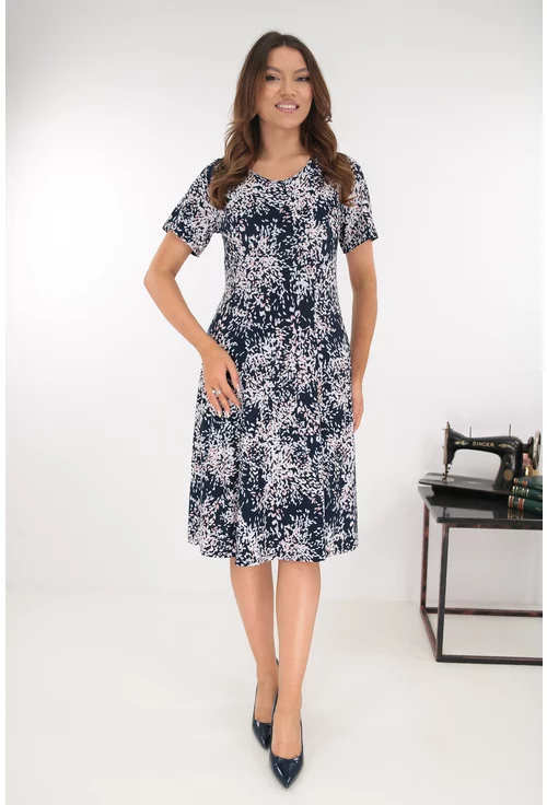 Rochie bleumarin in clini cu flori discrete gri