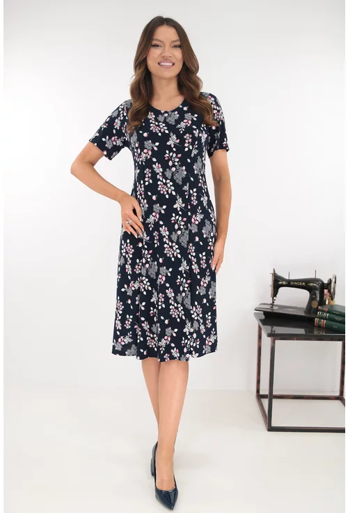 Rochie bleumarin in clini cu flori discrete roz
