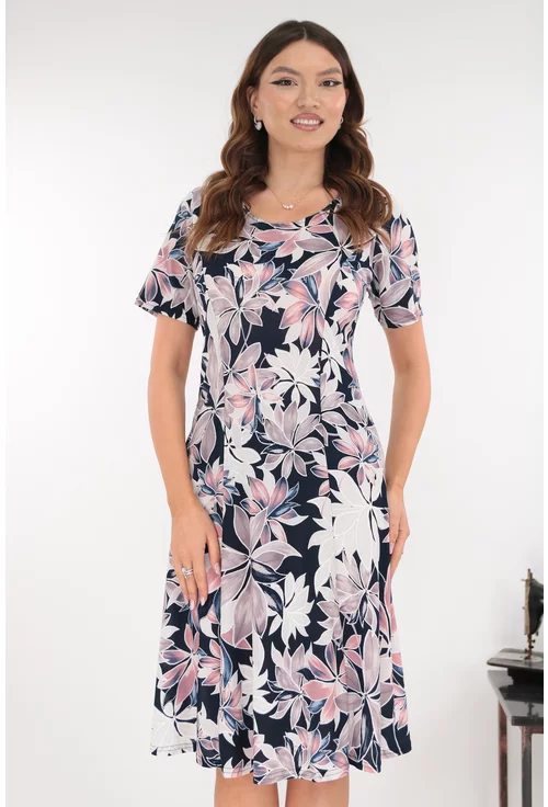 Rochie bleumarin in clini cu flori maxi cafenii