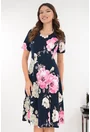 Rochie bleumarin in clini cu flori maxi roz-bej